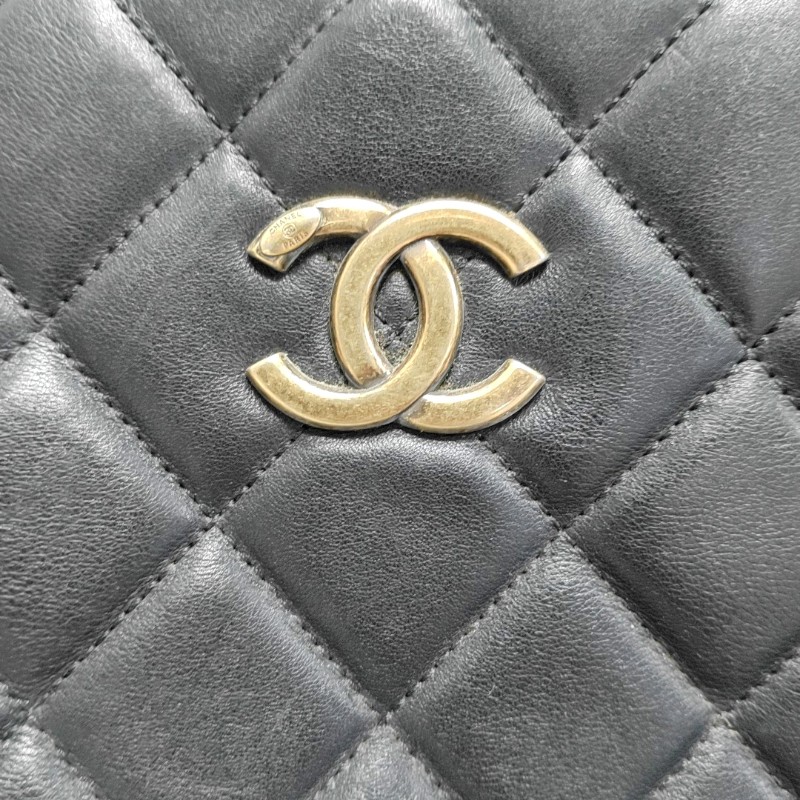 CHANEL 托特包黑色牛皮菱格紋縫線手提包 肩背包金色五金-8