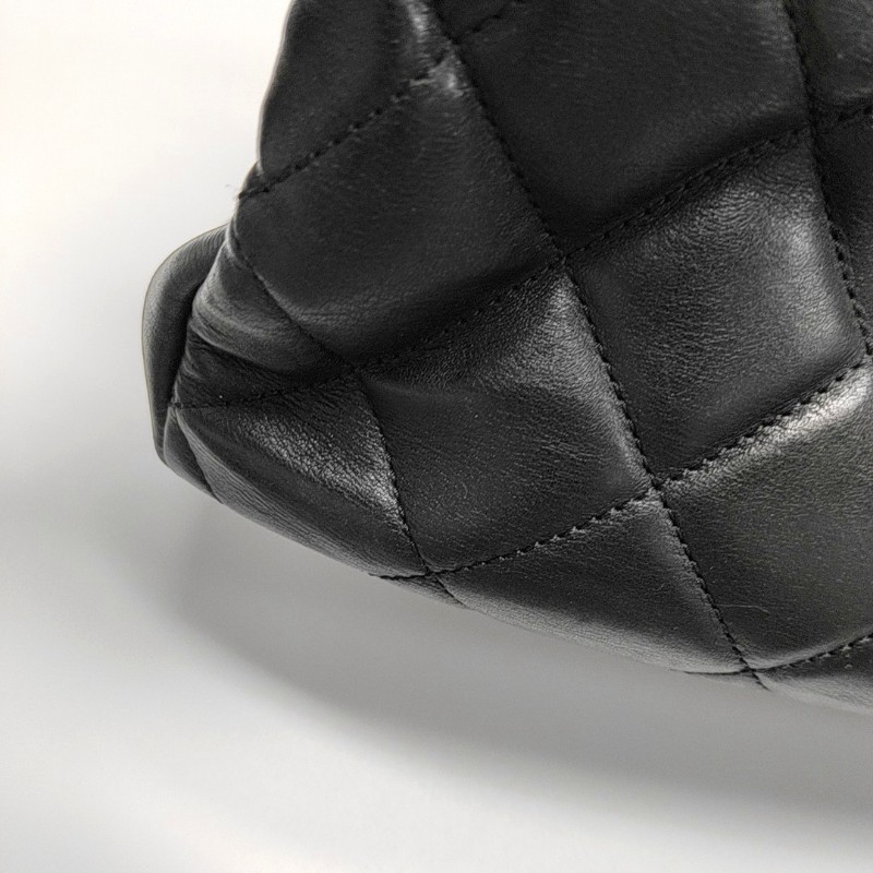 CHANEL 托特包黑色牛皮菱格紋縫線手提包 肩背包金色五金-16