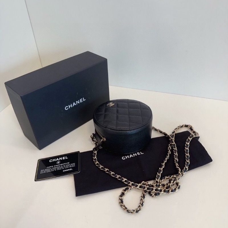 Chanel 黑金荔枝牛皮小圓餅 鏈條包 12*6 全新閒置配件塵袋盒子保卡-5