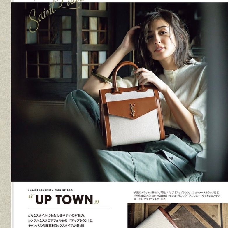 YSL Uptown手提斜背包白色帆布拼棕 金扣31*24*11.5 98新配件塵袋-0