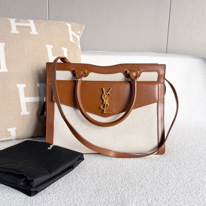 YSL Uptown手提斜背包白色帆布拼棕 金扣31*24*11.5 98新配件塵袋-1