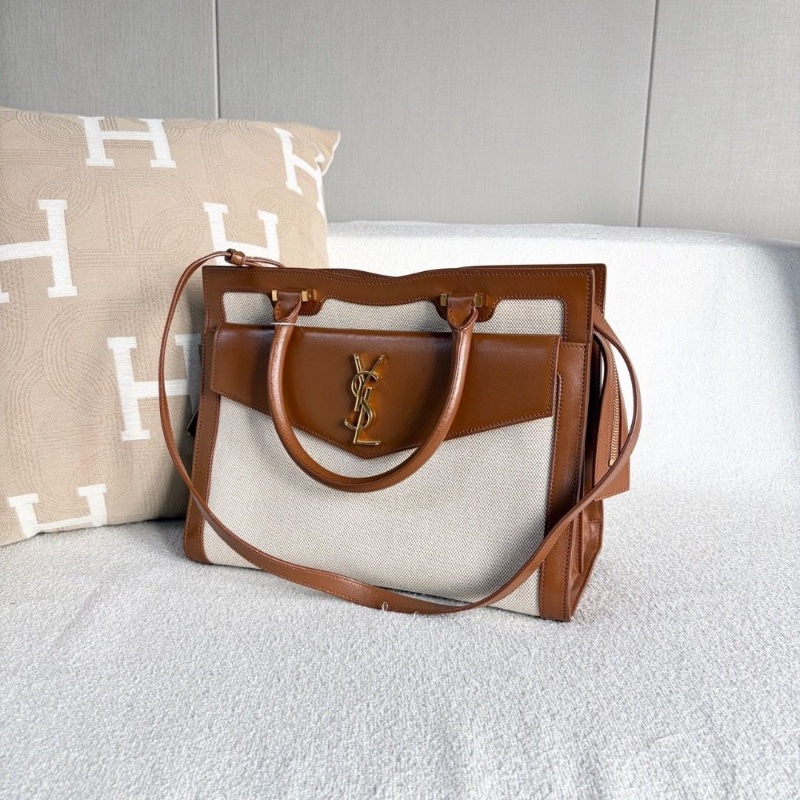 YSL Uptown手提斜背包白色帆布拼棕 金扣31*24*11.5 98新配件塵袋-2