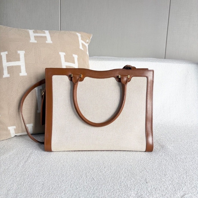 YSL Uptown手提斜背包白色帆布拼棕 金扣31*24*11.5 98新配件塵袋-3