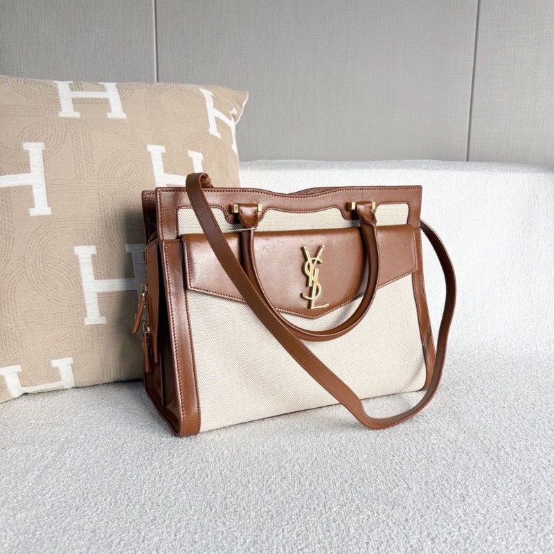 YSL Uptown手提斜背包白色帆布拼棕 金扣31*24*11.5 98新配件塵袋-4