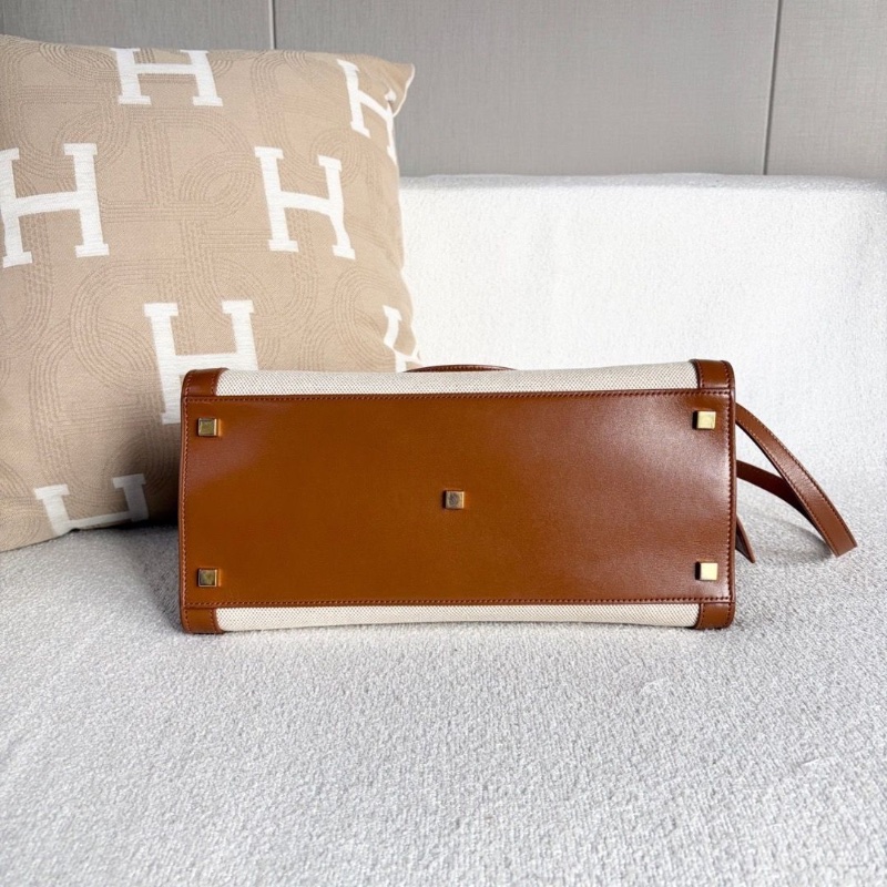 YSL Uptown手提斜背包白色帆布拼棕 金扣31*24*11.5 98新配件塵袋-5