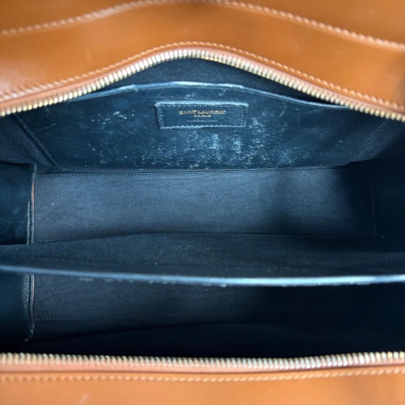 YSL Uptown手提斜背包白色帆布拼棕 金扣31*24*11.5 98新配件塵袋-6