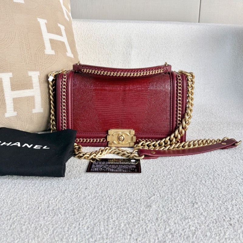 Chanel手柄宮廷leboy中號酒紅色蜥蜴皮 25*14*7.5 98新配件塵袋保卡-1