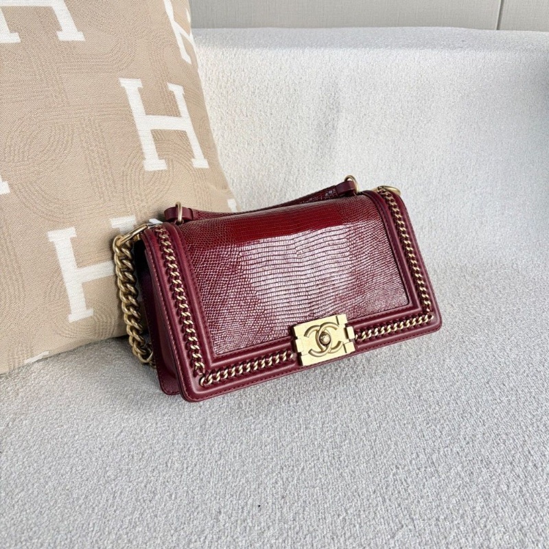 Chanel手柄宮廷leboy中號酒紅色蜥蜴皮 25*14*7.5 98新配件塵袋保卡-3