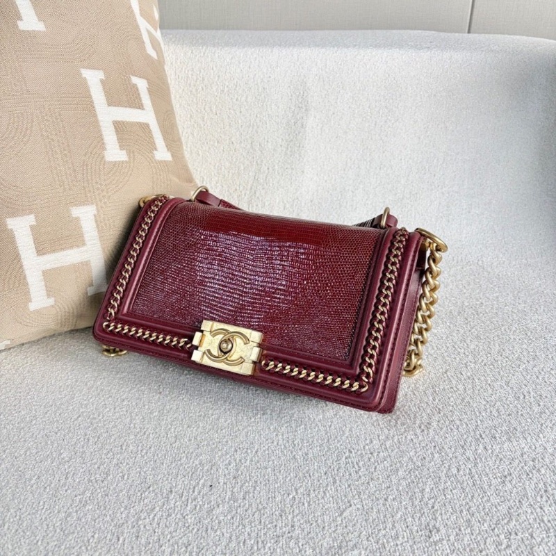 Chanel手柄宮廷leboy中號酒紅色蜥蜴皮 25*14*7.5 98新配件塵袋保卡-5