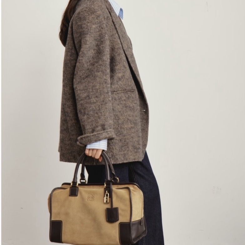 Loewe Amazona 亞馬遜波士頓手提包沙色麂皮拼全皮 中號 35*15*21 98新配件塵袋-0