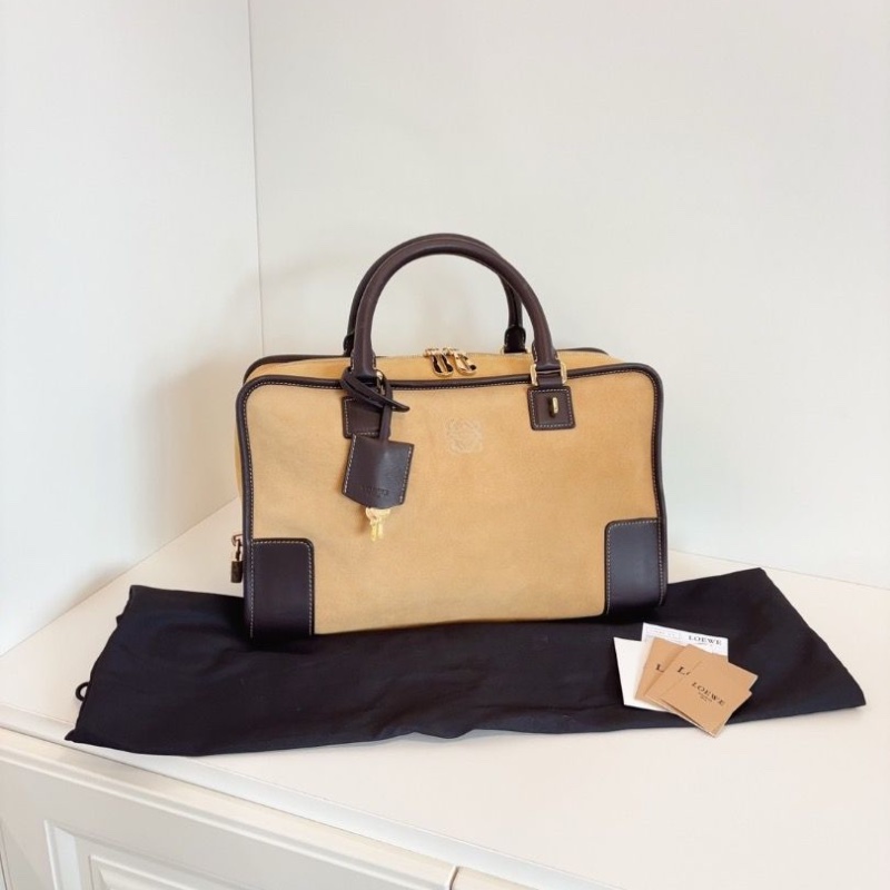 Loewe Amazona 亞馬遜波士頓手提包沙色麂皮拼全皮 中號 35*15*21 98新配件塵袋-1