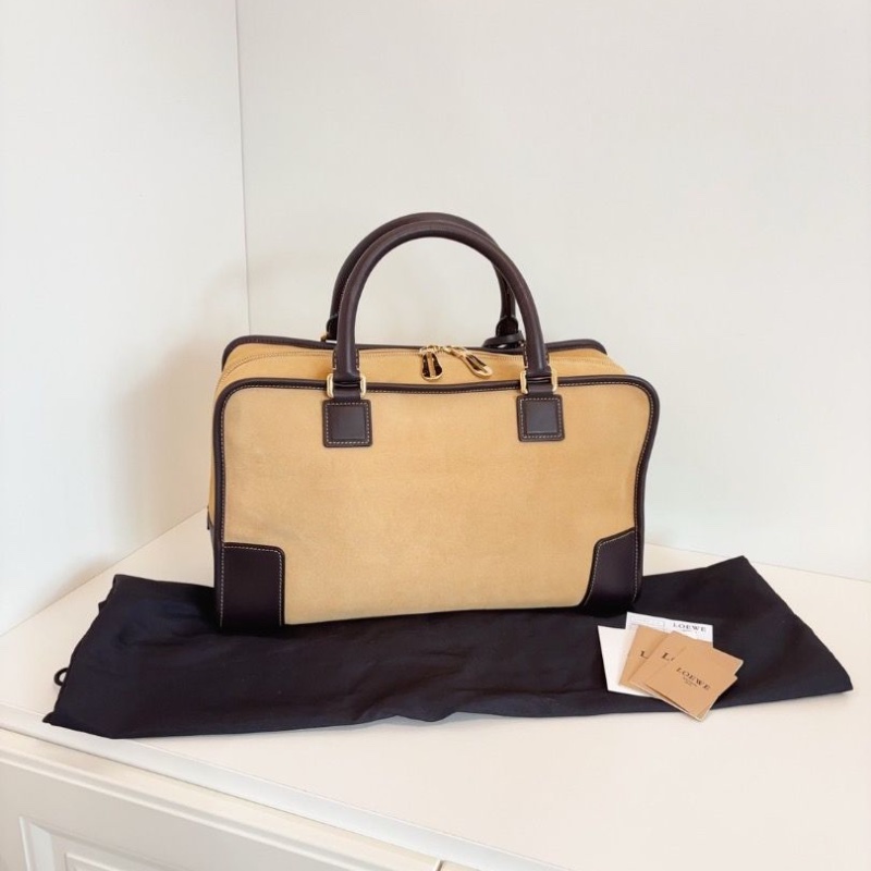 Loewe Amazona 亞馬遜波士頓手提包沙色麂皮拼全皮 中號 35*15*21 98新配件塵袋-2