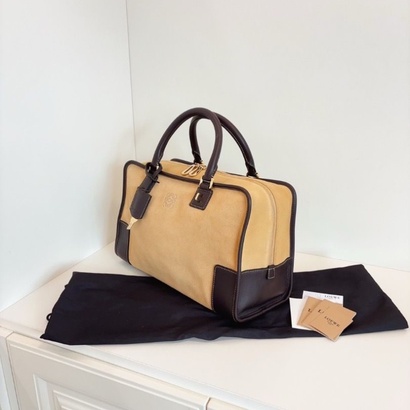 Loewe Amazona 亞馬遜波士頓手提包沙色麂皮拼全皮 中號 35*15*21 98新配件塵袋-4