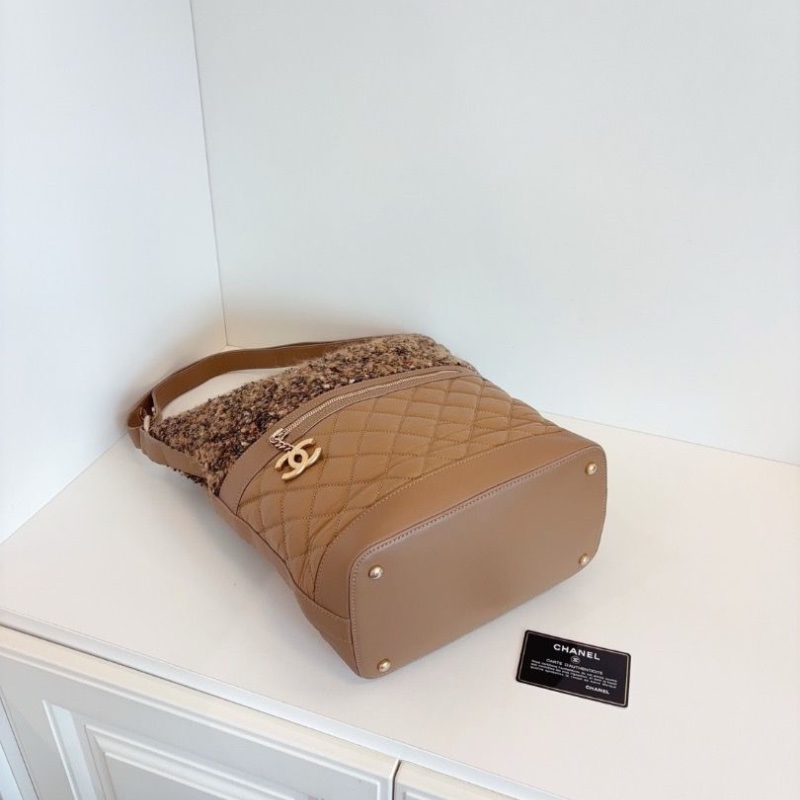 Chanel 暖金色毛呢拼菱格紋Hobo水桶肩背腋下包 24*34*14 98新保卡塵袋-3