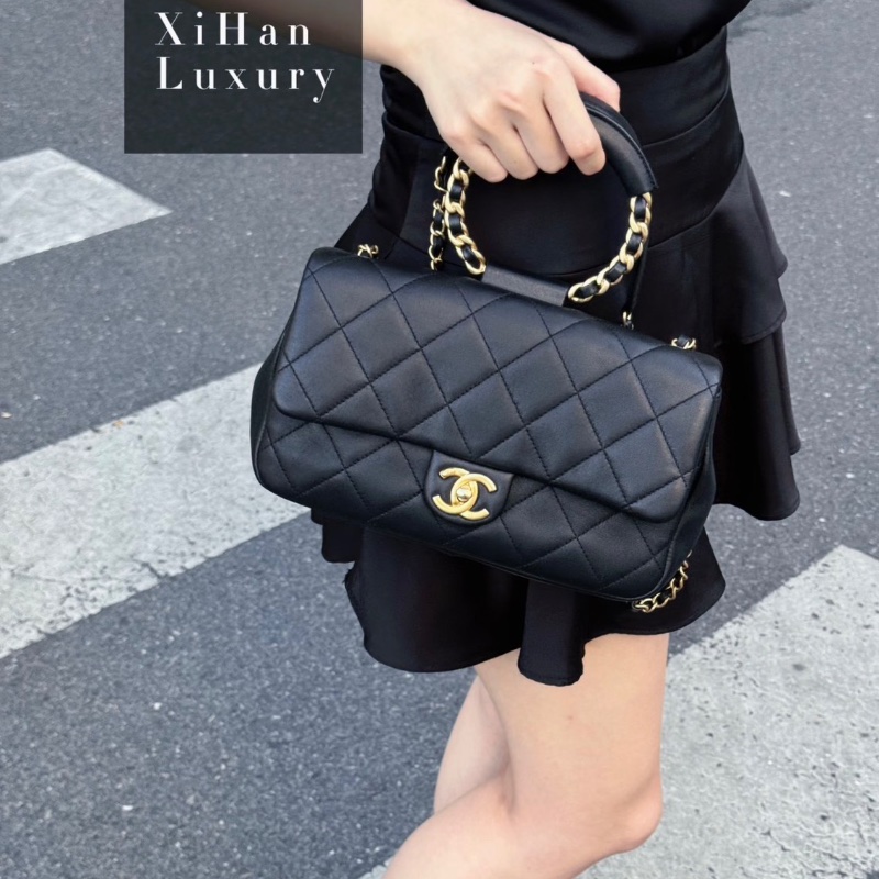 CHANEL 黑金圓環手柄CF手提肩背斜背包25*15*5.5 98新配件塵袋 保卡-0