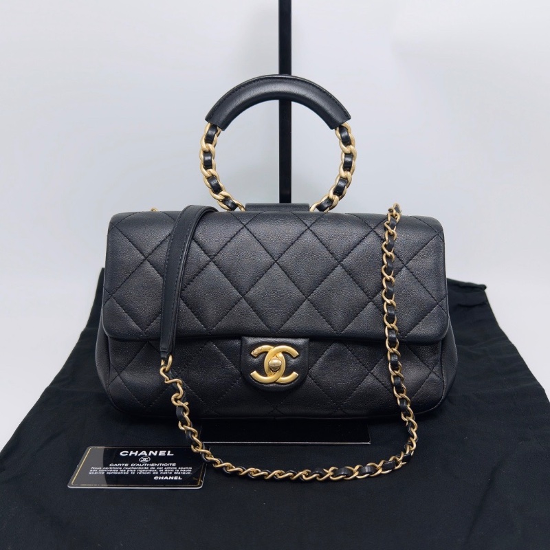 CHANEL 黑金圓環手柄CF手提肩背斜背包25*15*5.5 98新配件塵袋 保卡-1