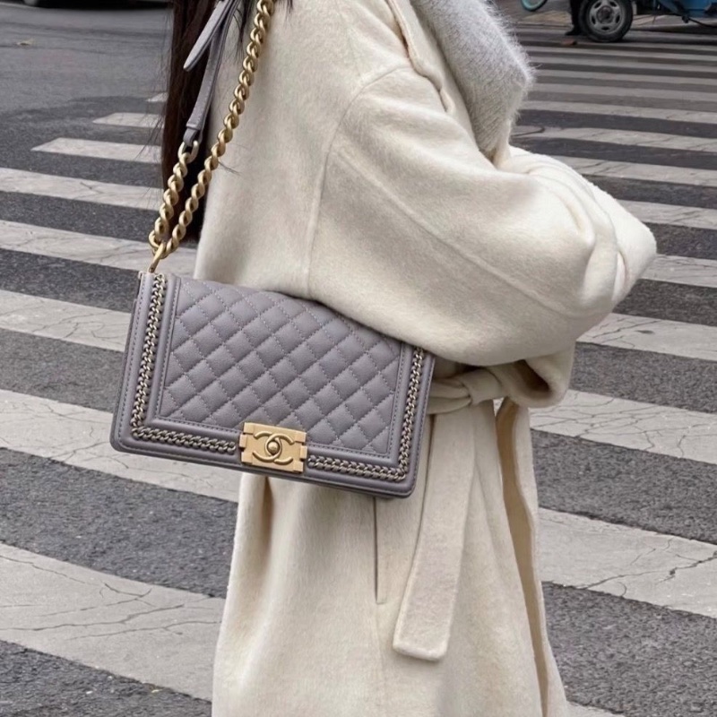 Chanel 麻花鏈編織Leboy中號珍珠灰金扣 荔枝皮芯片款 25*15*6.5 99新配件塵袋-0