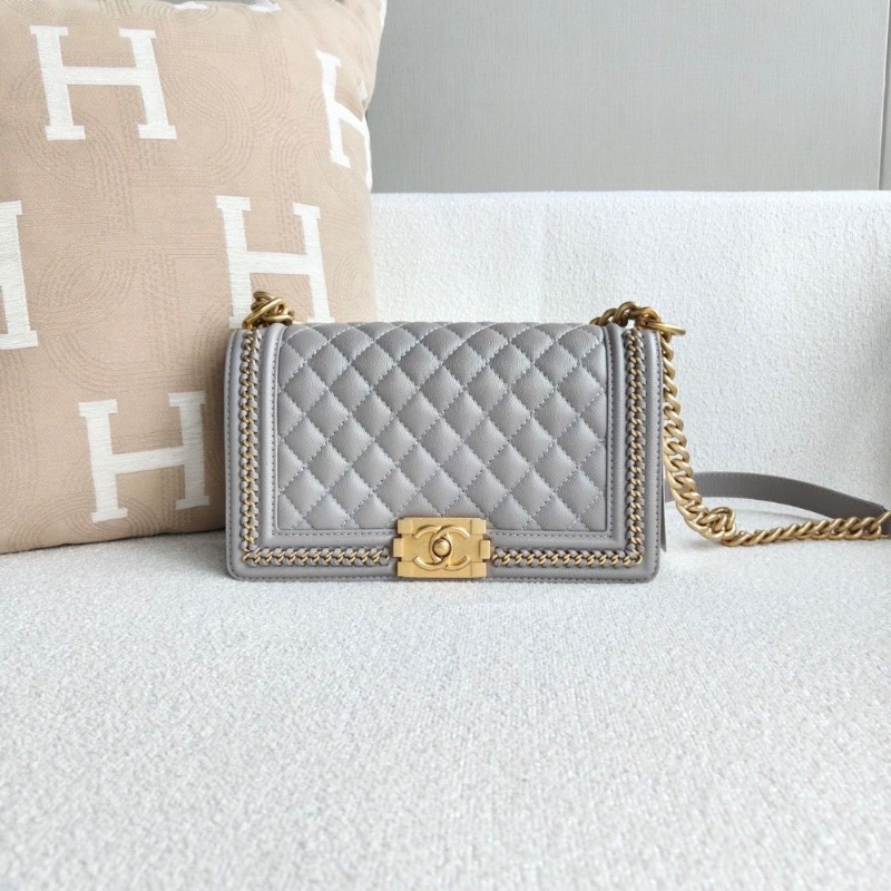 Chanel 麻花鏈編織Leboy中號珍珠灰金扣 荔枝皮芯片款 25*15*6.5 99新配件塵袋-1