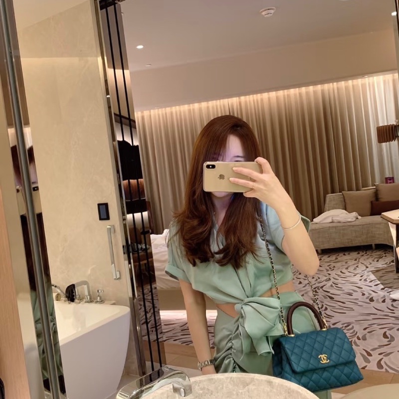 CHANEL Cocohandle藍色金扣紅手柄小號肩背斜背包23*14*9 98新配件保卡塵袋-0