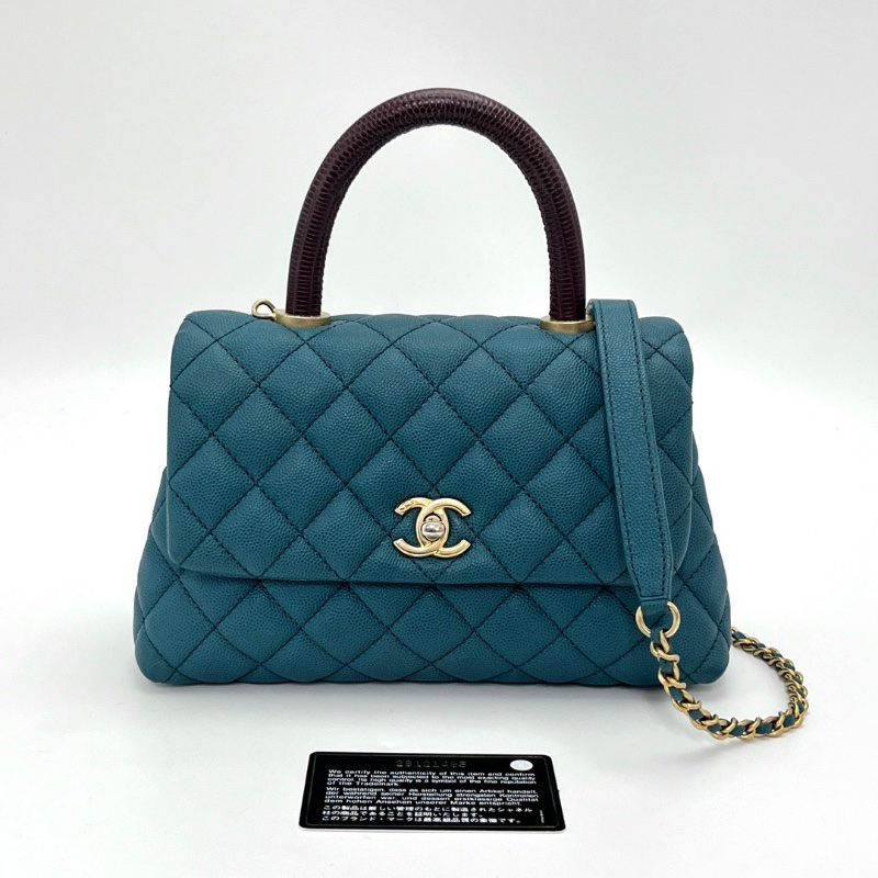 CHANEL Cocohandle藍色金扣紅手柄小號肩背斜背包23*14*9 98新配件保卡塵袋-1