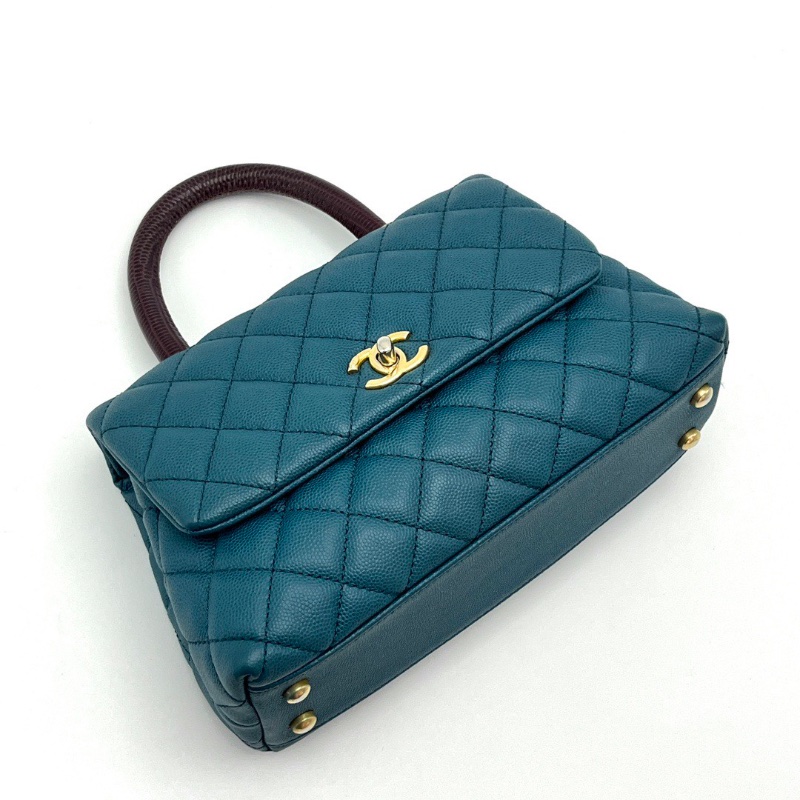 CHANEL Cocohandle藍色金扣紅手柄小號肩背斜背包23*14*9 98新配件保卡塵袋-5