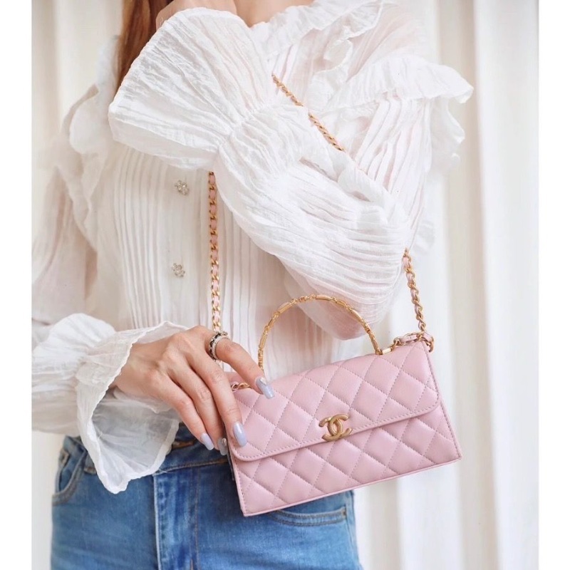 Chanel 琺瑯手柄kelly包 粉金羊皮19*10*3 99新配件盒子塵袋-0