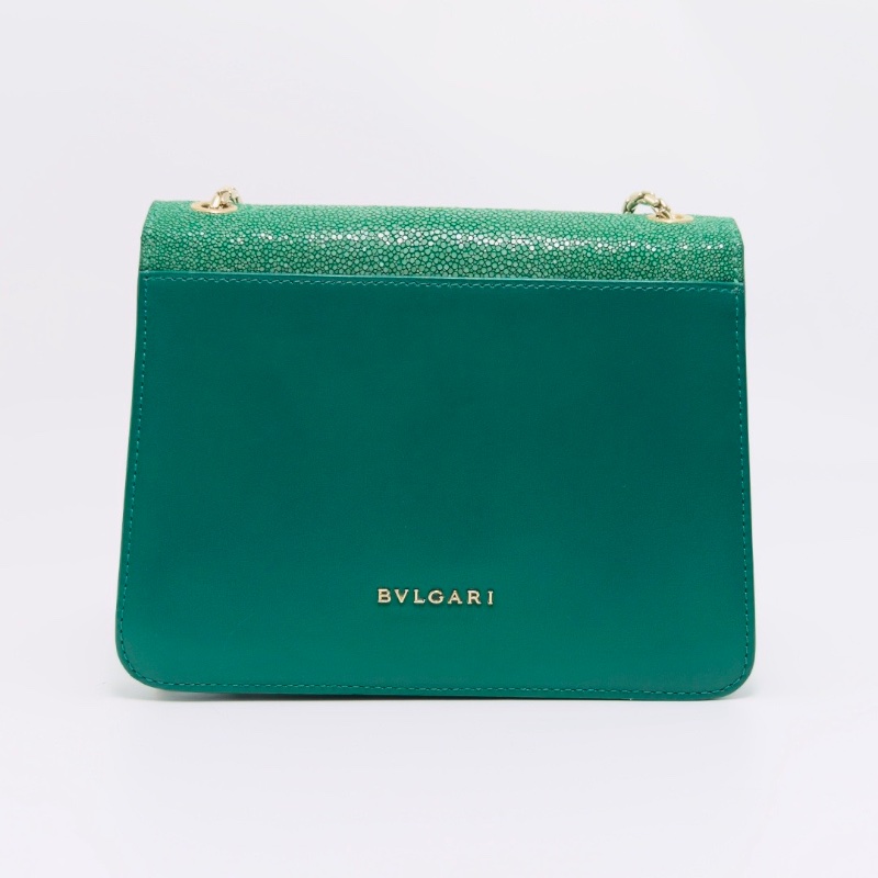 BVLGARI 綠色珍珠魚皮蛇頭肩背斜背包20*15*3.5 98新配件塵袋購證鏡子-6