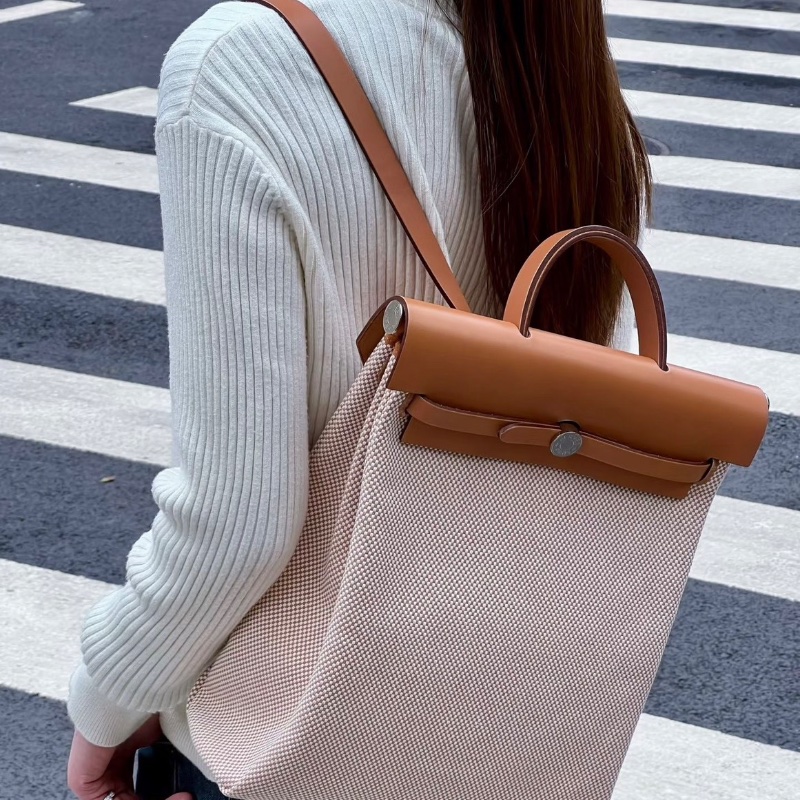 HERMES 帆布拼皮竪版herbag後背包29*35*11 99新配件盒子塵袋鑰匙鎖-0