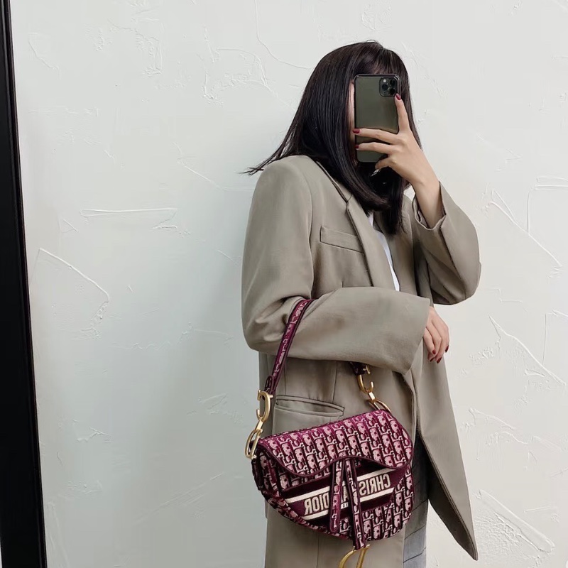 DIOR 老花紅色絲絨中號手提腋下馬鞍包24*20*6 98新配件塵袋-0