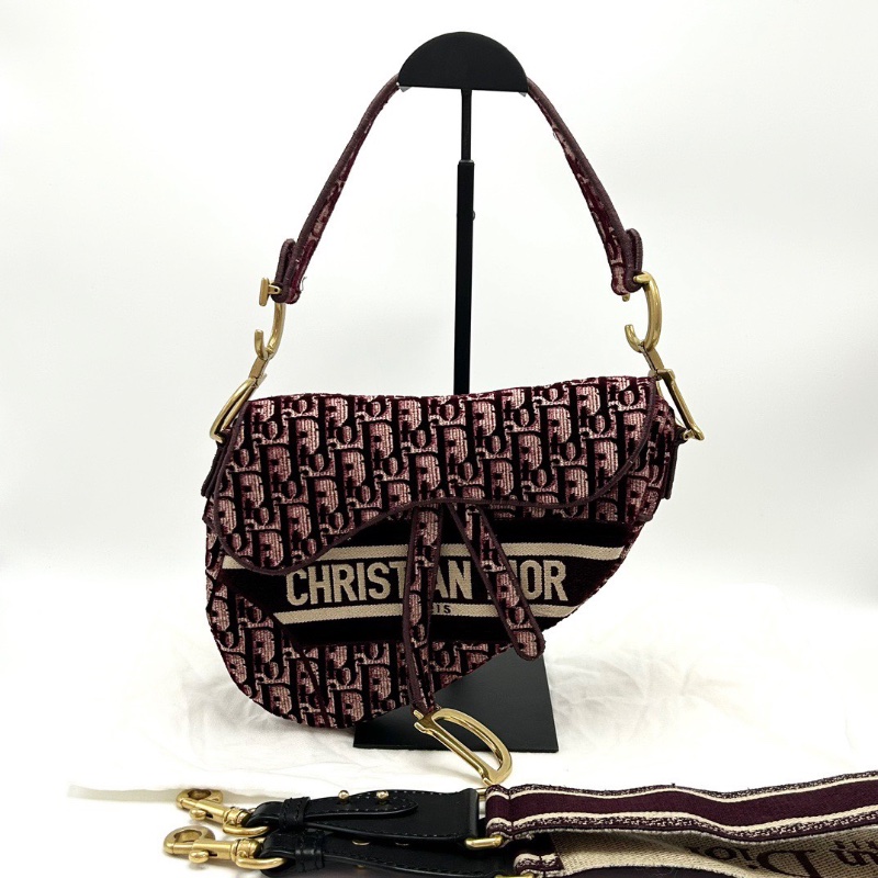 DIOR 老花紅色絲絨中號手提腋下馬鞍包24*20*6 98新配件塵袋-1