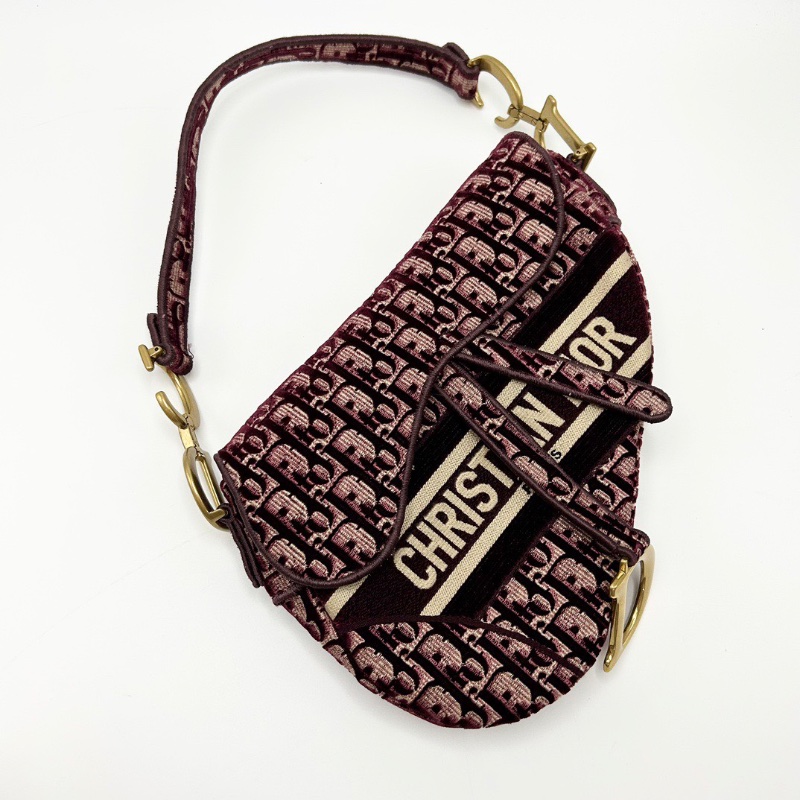 DIOR 老花紅色絲絨中號手提腋下馬鞍包24*20*6 98新配件塵袋-3