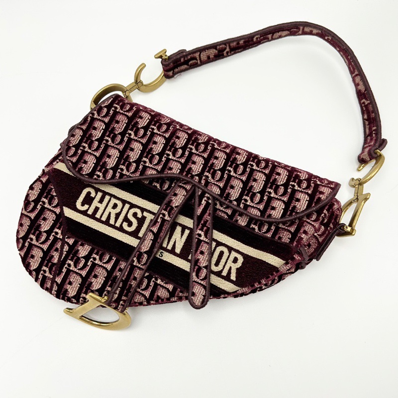 DIOR 老花紅色絲絨中號手提腋下馬鞍包24*20*6 98新配件塵袋-5