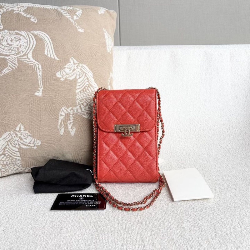 Chanel竪版手機包 橘紅色 金扣 荔枝皮11.5*18*5 98新保卡塵袋-1