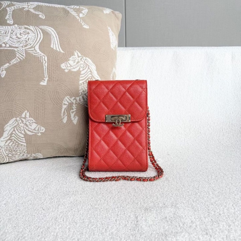 Chanel竪版手機包 橘紅色 金扣 荔枝皮11.5*18*5 98新保卡塵袋-2