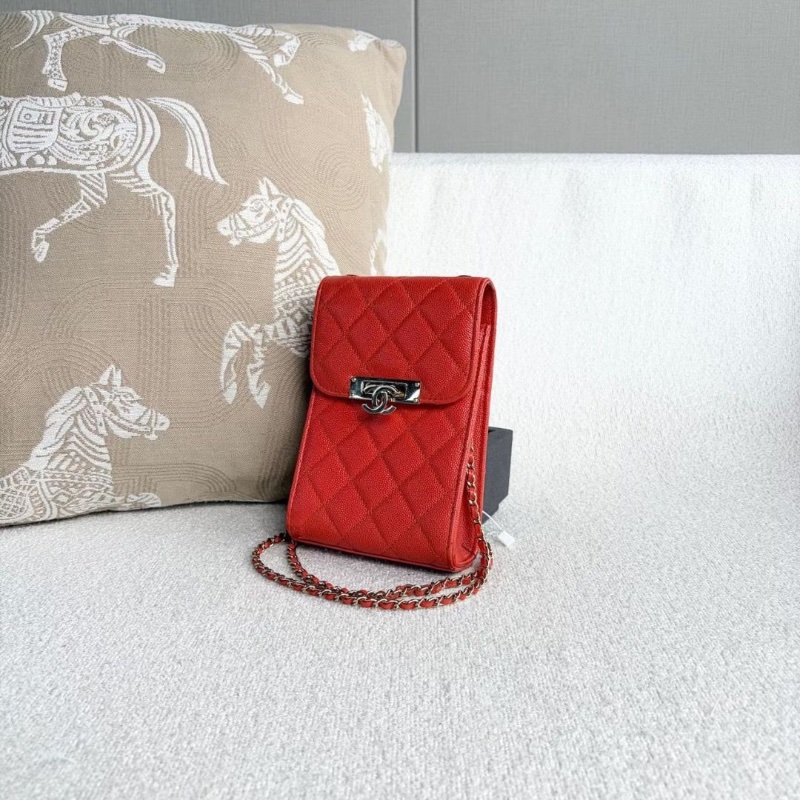 Chanel竪版手機包 橘紅色 金扣 荔枝皮11.5*18*5 98新保卡塵袋-4