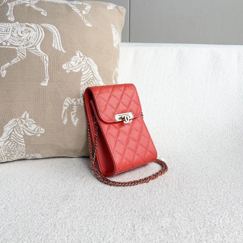 Chanel竪版手機包 橘紅色 金扣 荔枝皮11.5*18*5 98新保卡塵袋-6