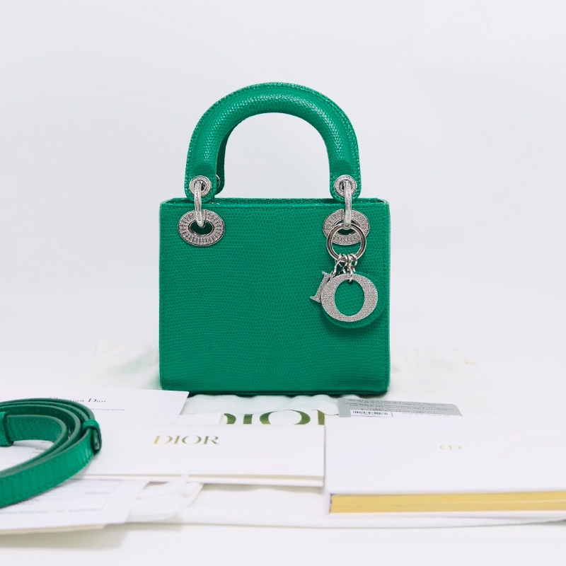 DIOR 祖母綠蜥蜴鑽扣黛妃 三格手提肩背包17*14*7 99新配件塵袋保卡證書-1