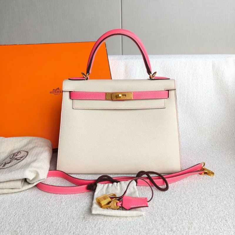 Hermes拼色Kelly28 k28 奶昔白拼唇膏粉 epsom皮 馬蹄印 拉絲金扣28*21*10 98新配件塵袋鑰匙鎖-1