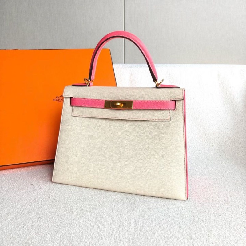 Hermes拼色Kelly28 k28 奶昔白拼唇膏粉 epsom皮 馬蹄印 拉絲金扣28*21*10 98新配件塵袋鑰匙鎖-3