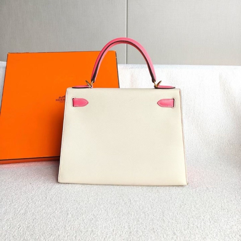 Hermes拼色Kelly28 k28 奶昔白拼唇膏粉 epsom皮 馬蹄印 拉絲金扣28*21*10 98新配件塵袋鑰匙鎖-4