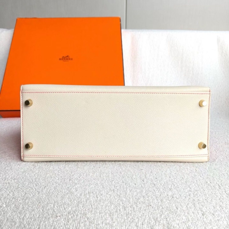 Hermes拼色Kelly28 k28 奶昔白拼唇膏粉 epsom皮 馬蹄印 拉絲金扣28*21*10 98新配件塵袋鑰匙鎖-5