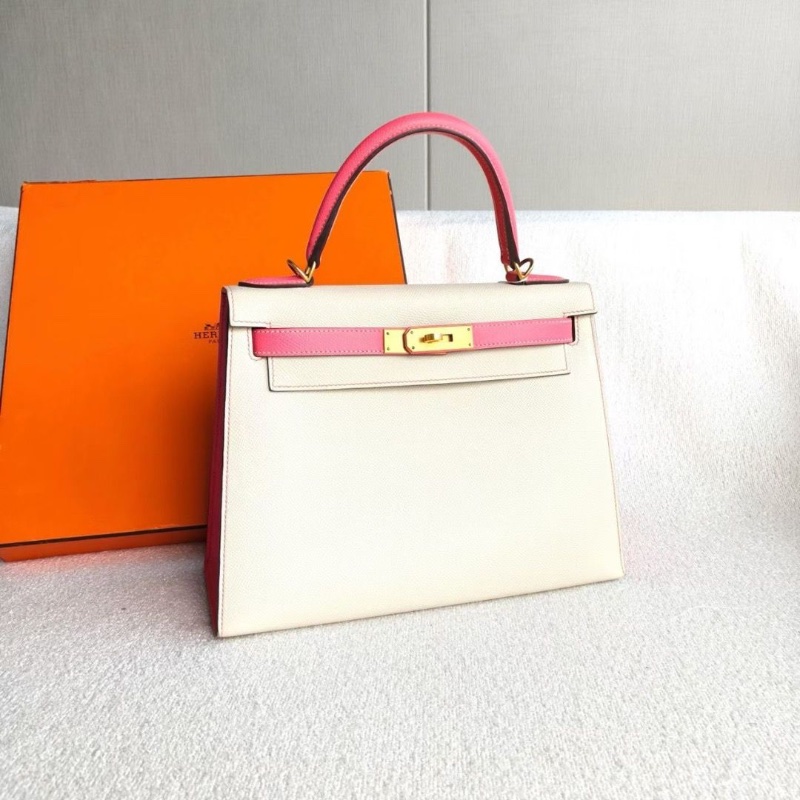 Hermes拼色Kelly28 k28 奶昔白拼唇膏粉 epsom皮 馬蹄印 拉絲金扣28*21*10 98新配件塵袋鑰匙鎖-6