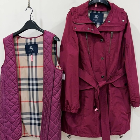 BURBERRY 倫敦 兩件式風衣外套 附可拆式菱格紋保暖背心 (酒紅色)