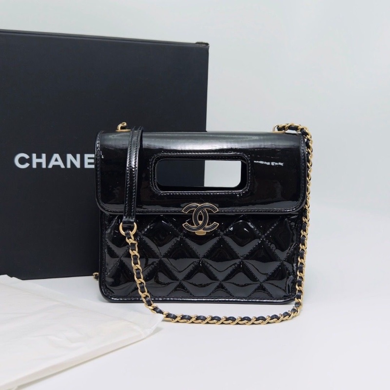 CHANEL黑金漆皮 口袋手提肩背斜背包20*17*8.5 98新配件盒子塵袋-1