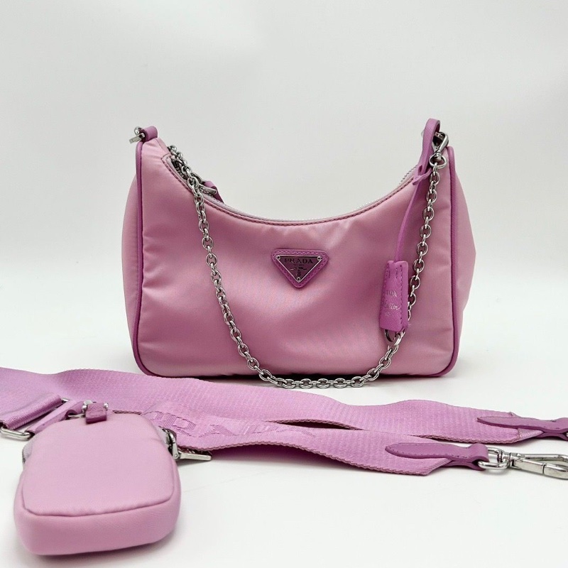 PRADA 粉銀三合一 尼龍肩背斜背Hobo 22*16*6.5 98新配件塵袋-1