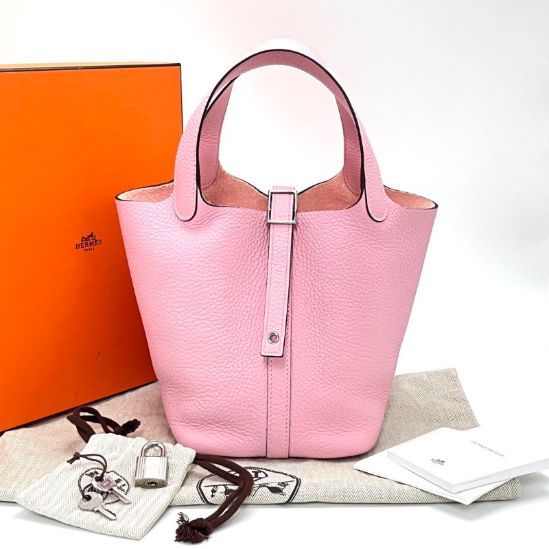 HERMES 櫻花粉銀扣菜籃子18手提袋18*18*13 99新配件盒子塵袋鎖鑰匙-1