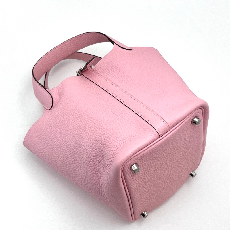 HERMES 櫻花粉銀扣菜籃子18手提袋18*18*13 99新配件盒子塵袋鎖鑰匙-5