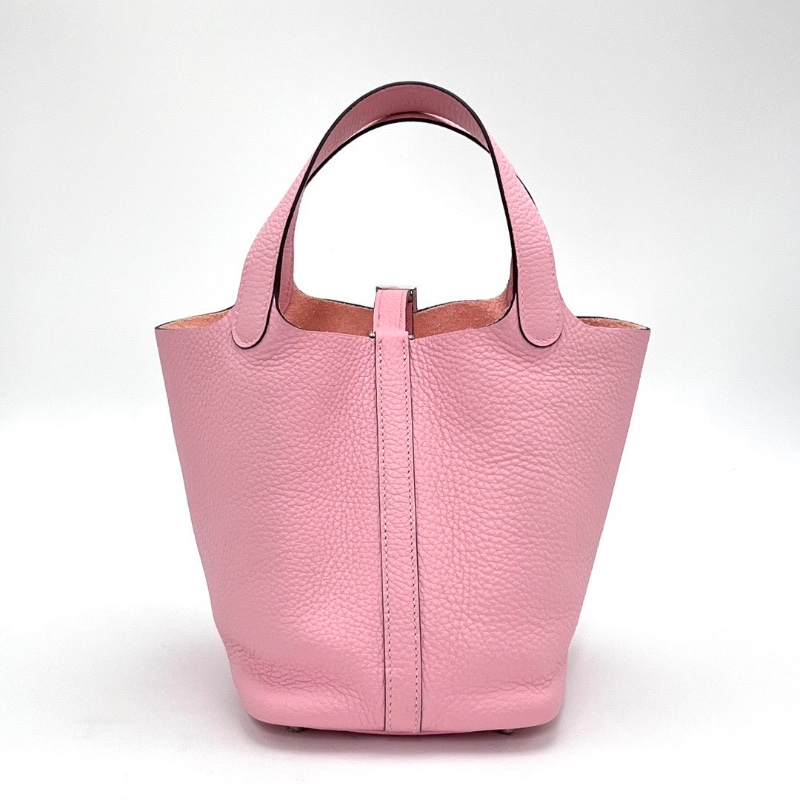 HERMES 櫻花粉銀扣菜籃子18手提袋18*18*13 99新配件盒子塵袋鎖鑰匙-6