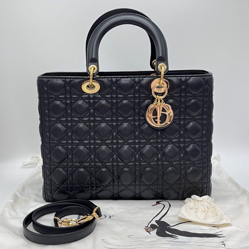 DIOR LadyDior黑金七格黛妃手提肩背斜背包32*25*11 98新配件塵袋-1