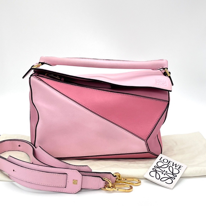 LOEWE Puzzle粉色拼色 金扣中號手提肩背斜背包29*14*19.5 98新配件塵袋-1